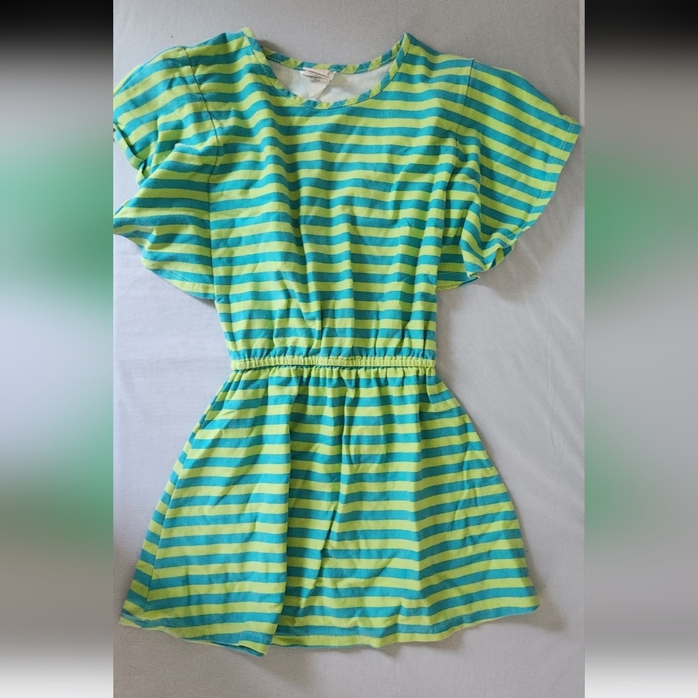 Just peachy girls size 4T Green striped dress #B314